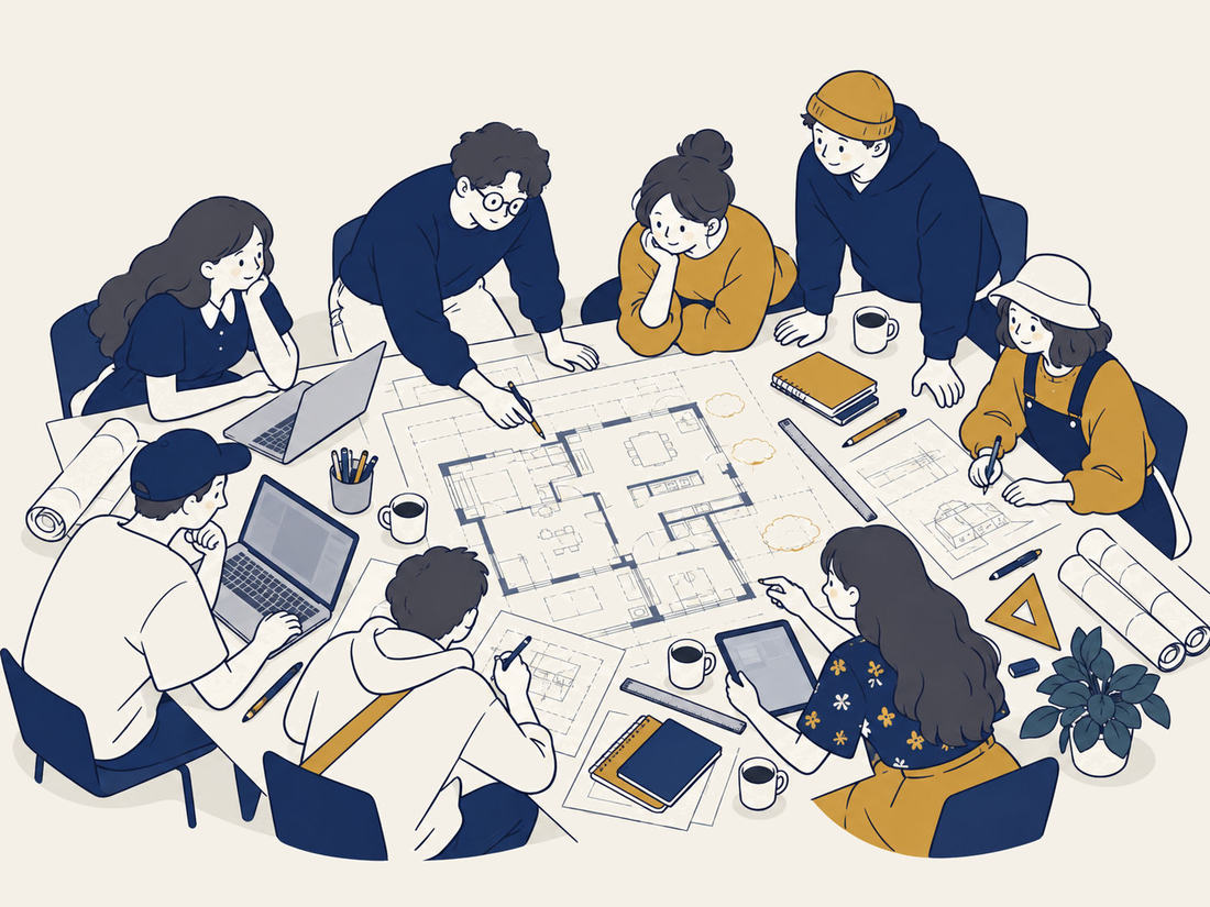 Illustration of the eight-person team, drawn in black line with red accents